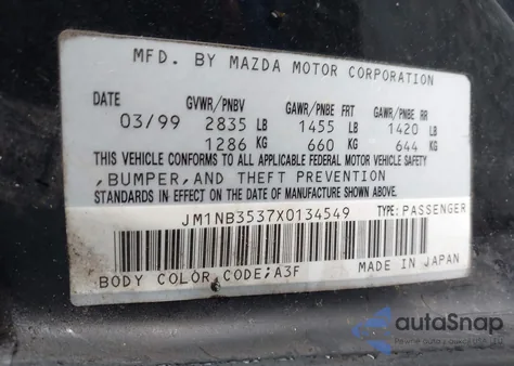 1999 Mazda Mx-5 Miata from USA, damaged, VIN JM1NB3537X0134549